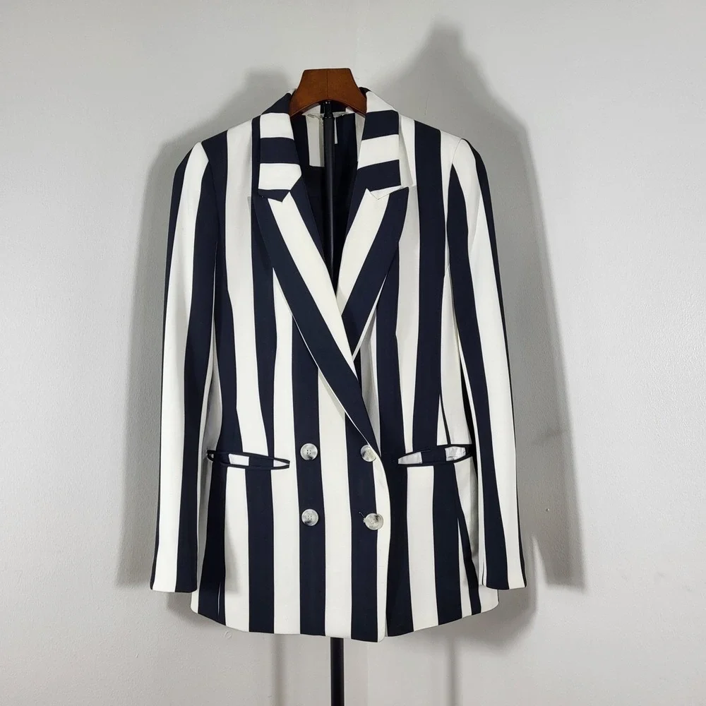 H&M Womens Navy Blue White Striped Double Breasted Blazer Jacket Size 8 Long